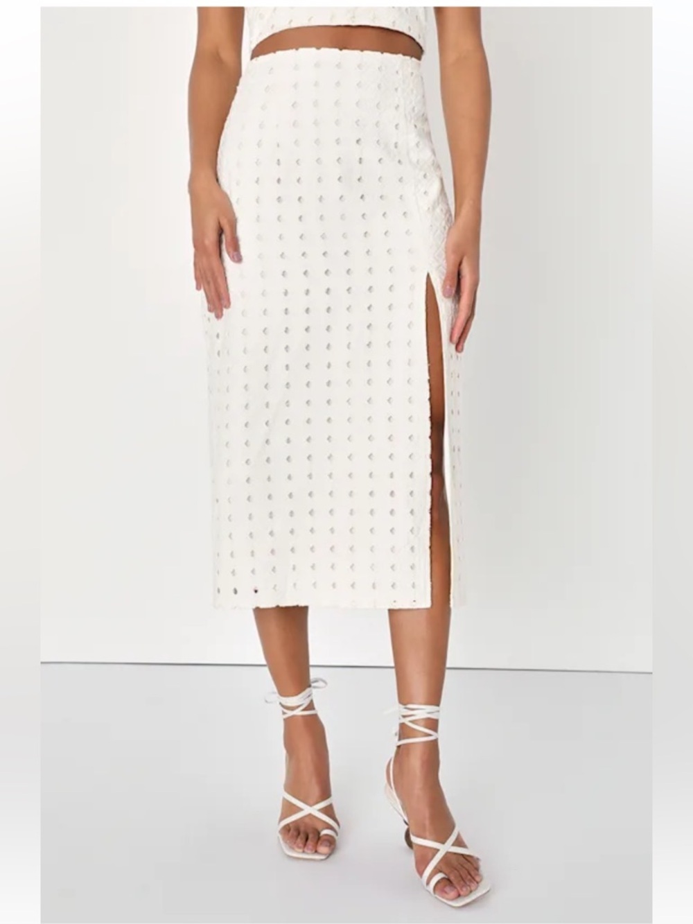 Lulus Baja beauty ivory eyelet embroidery midi skirt with side slit